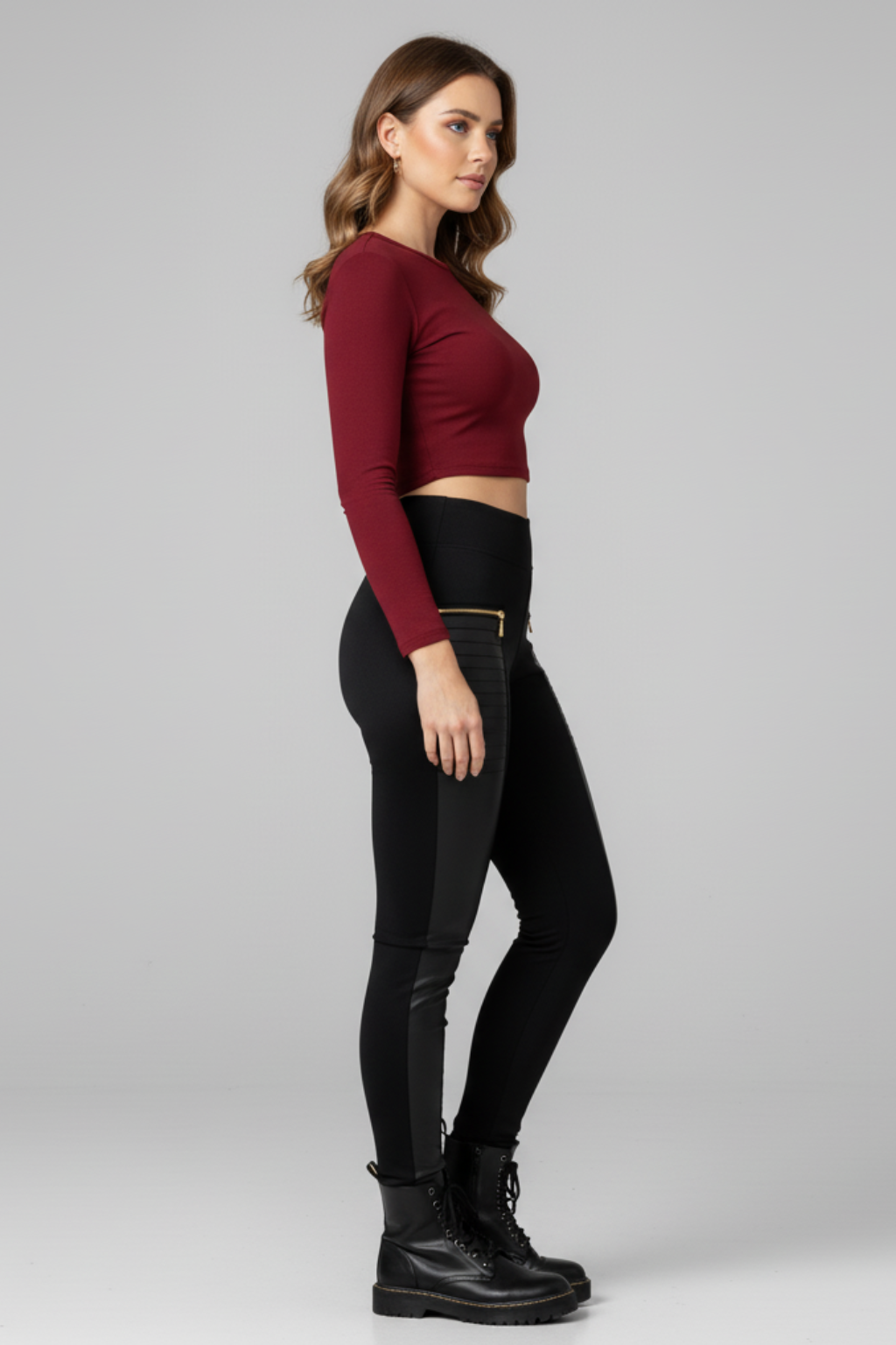Women’s High Waisted Leather Look Panel Leggings Stretch Slim Fit Pants - photo 3