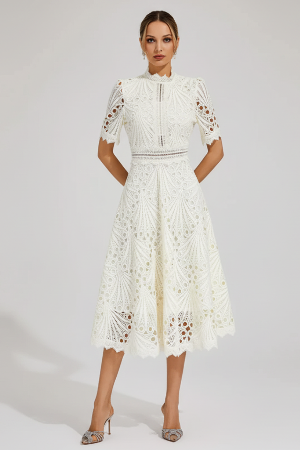 Women’s Elegant Lace Bodycon Midi Dress High Neck Short Sleeve Party Outfit - photo 2