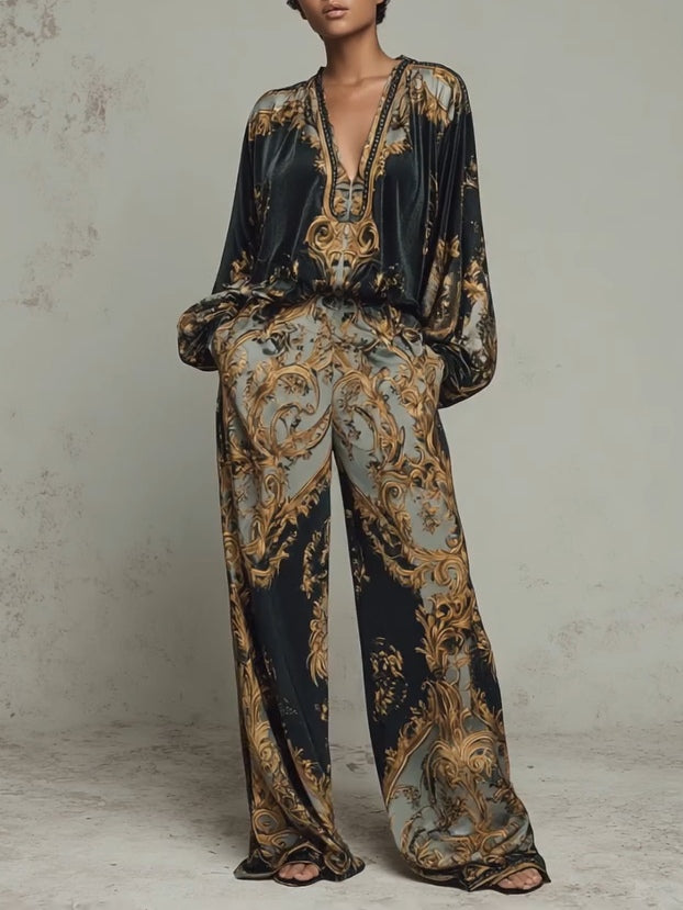 Women's Baroque Floral Velvet Two-Piece Set with Wide-Leg Trousers - photo 1