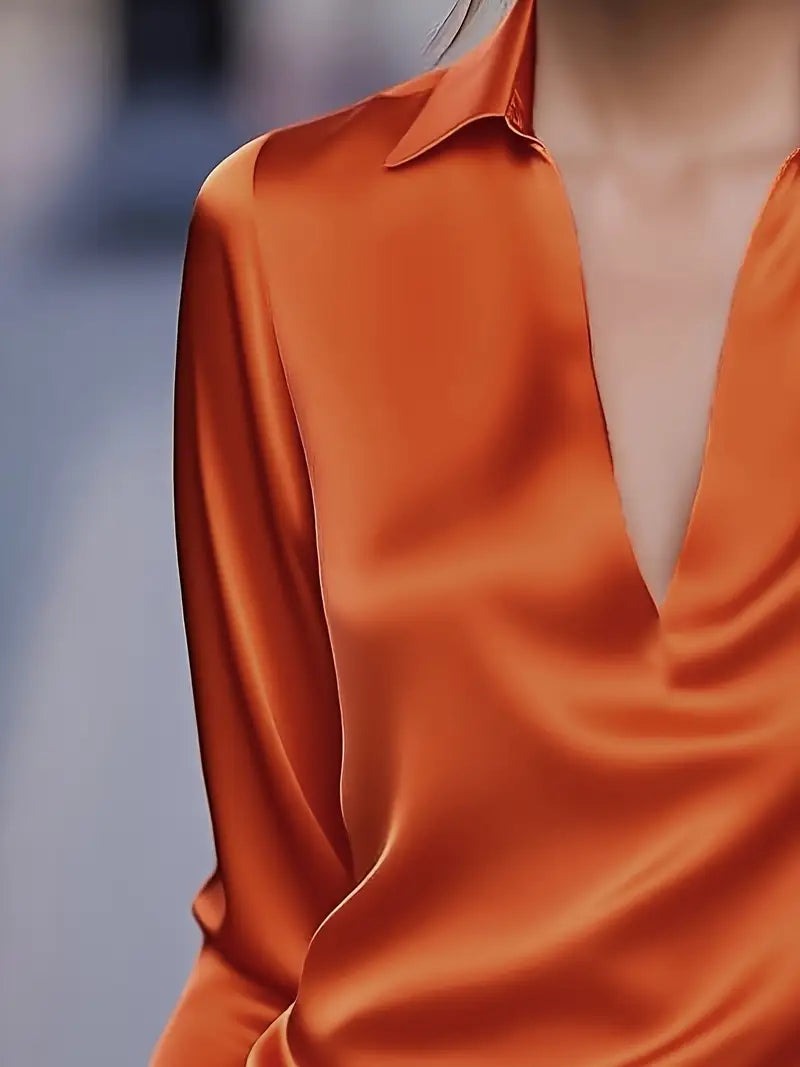 Women's V Neck Blouse with Satin Finish and Flowing Drape - photo 25