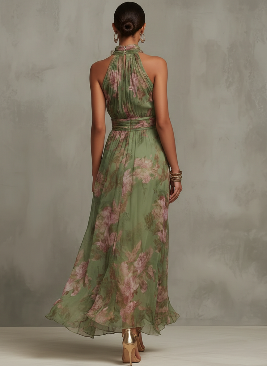 Aurelia - Women's Floral Halter Neck Maxi Dress