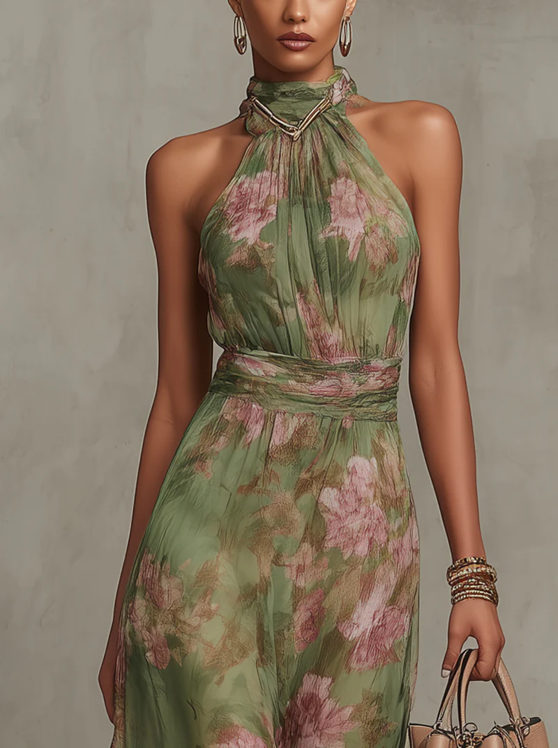 Aurelia - Women's Floral Halter Neck Maxi Dress