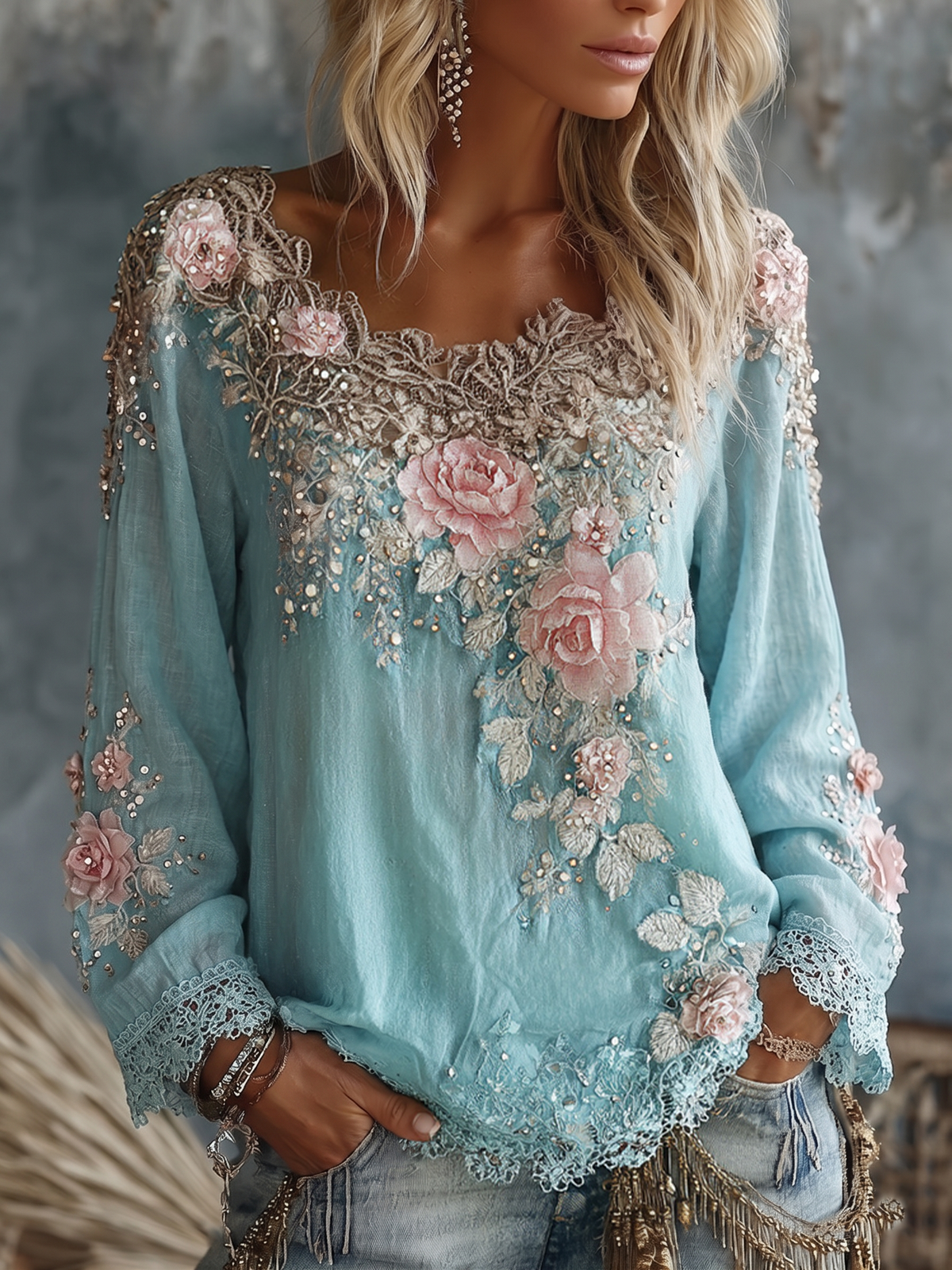 Esmeralda - Women's Vintage Floral Crew Neck Long Sleeve Top - photo 1
