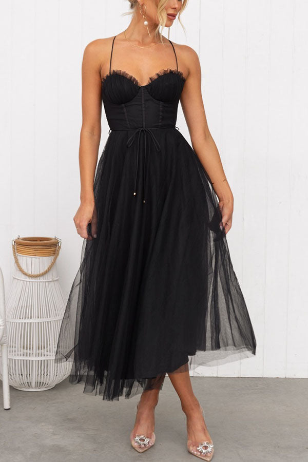 Women's Tulle Midi Dress with Spaghetti Straps