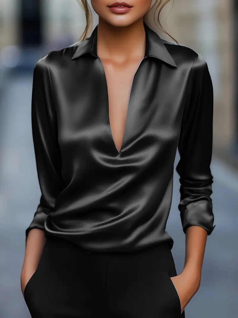 Women's V Neck Blouse with Satin Finish and Flowing Drape - photo 9