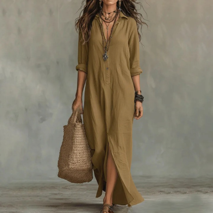 Christiana - Women's V-Neck Flowy Maxi Dress with Turn-Down Collar - photo 4