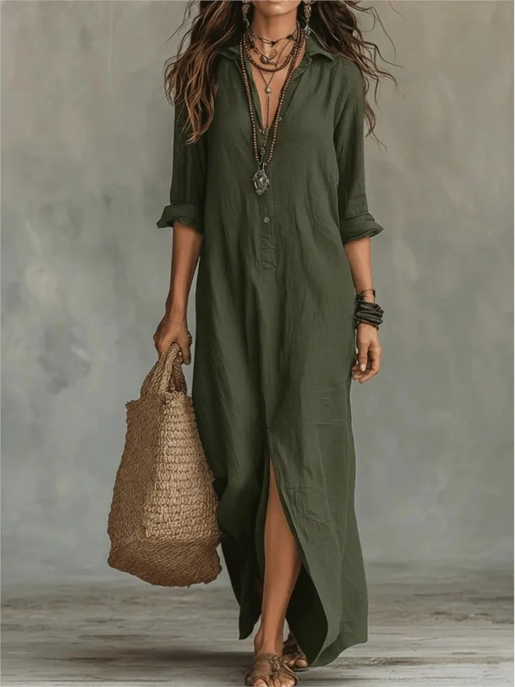 Christiana - Women's V-Neck Flowy Maxi Dress with Turn-Down Collar - photo 5