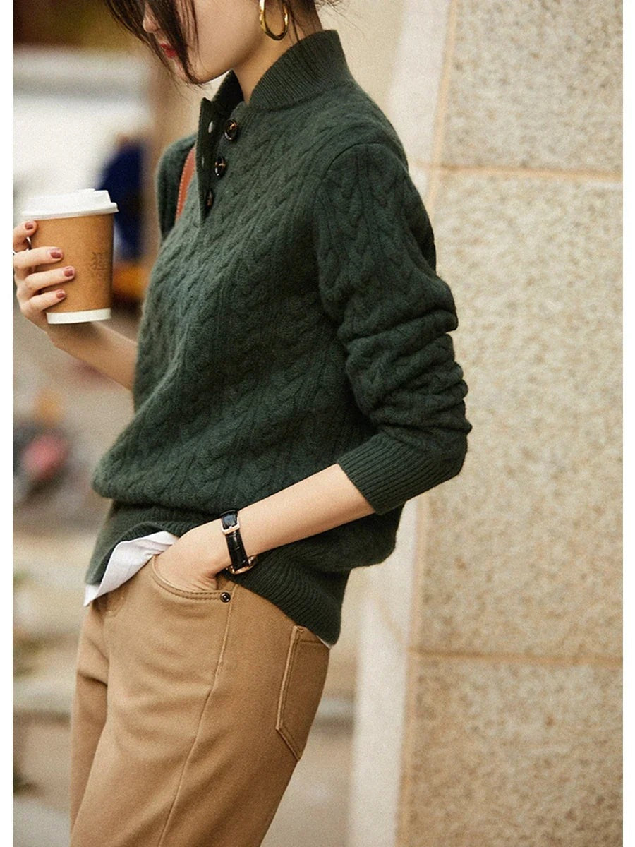 Clara - Women's Cable Knit Jumper with Button Front - photo 9