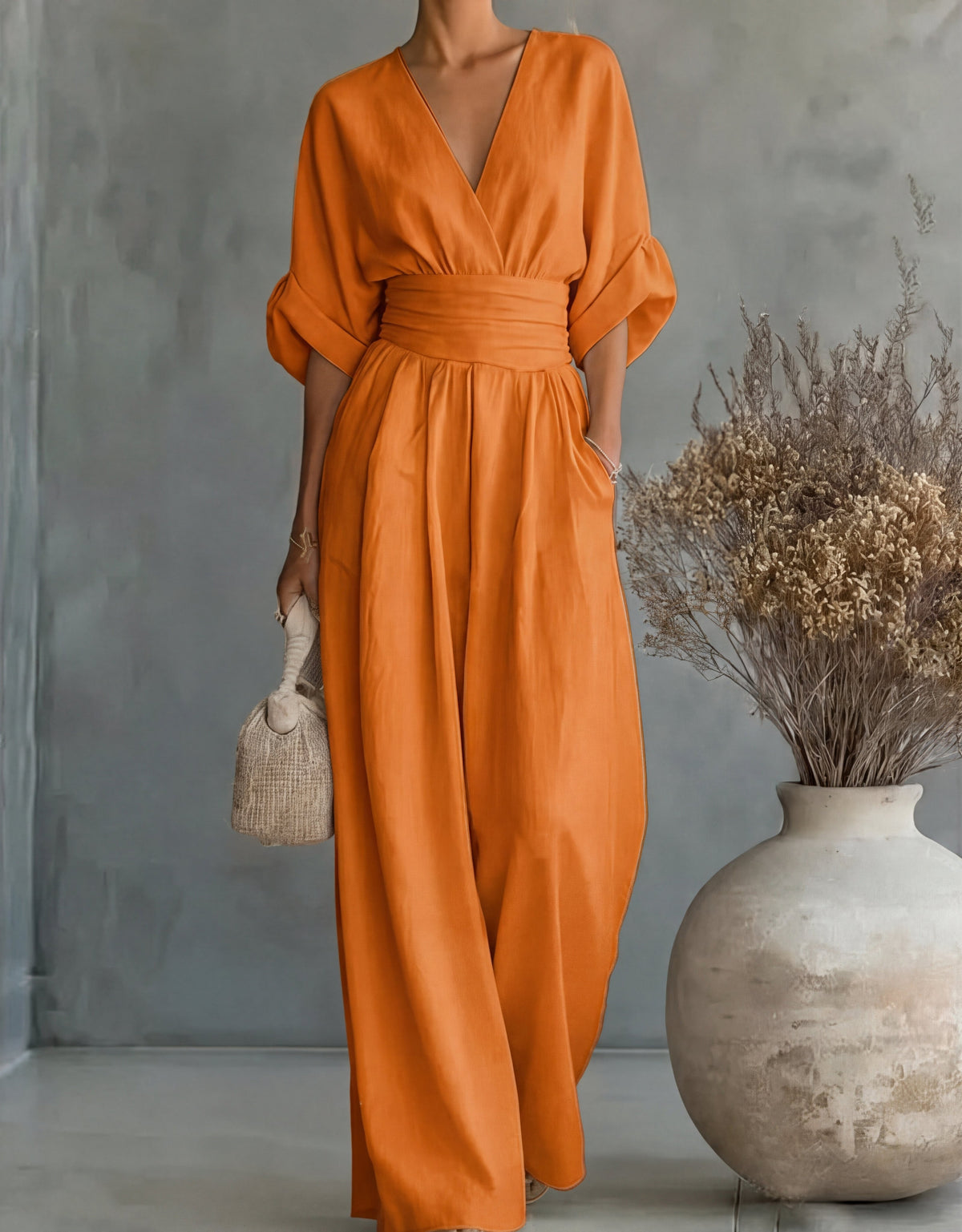 Women's Wide Leg Jumpsuit with Crossover Neckline