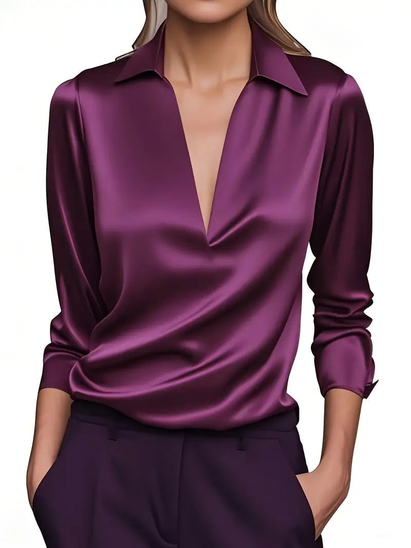Women's V Neck Blouse with Satin Finish and Flowing Drape - photo 11