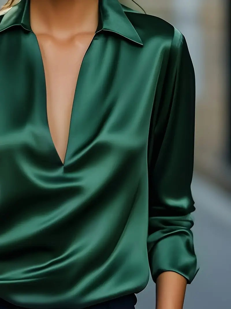 Women's V Neck Blouse with Satin Finish and Flowing Drape - photo 22