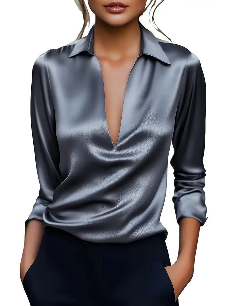 Blusa da donna con scollo a V, finitura satinata e drappeggio fluido