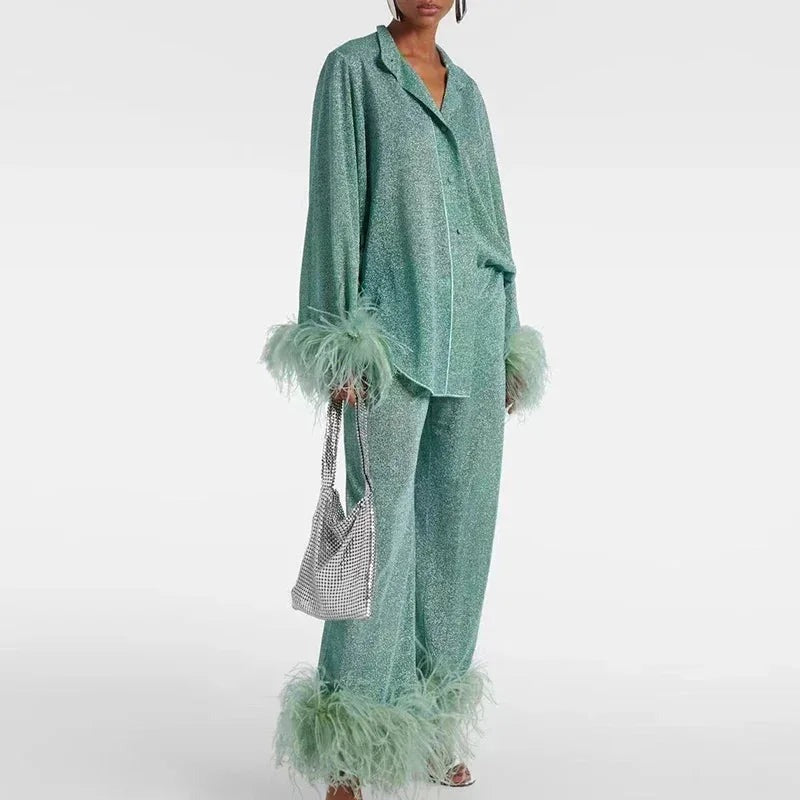 Shiny Women's Matching set with feather-trim sleeves and hem - photo 5
