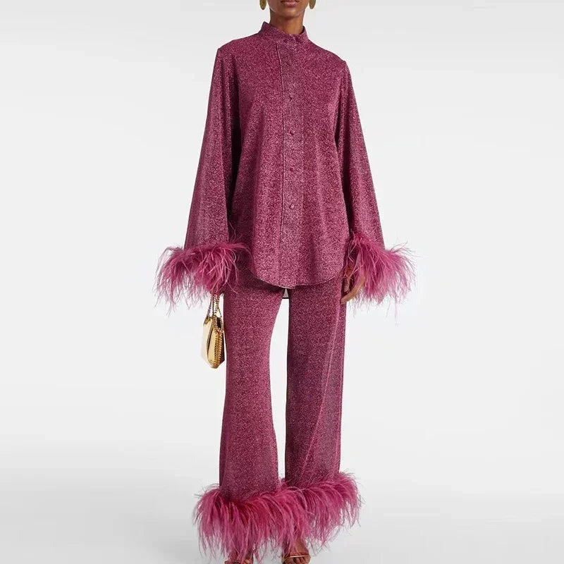 Shiny Women's Matching set with feather-trim sleeves and hem - photo 4