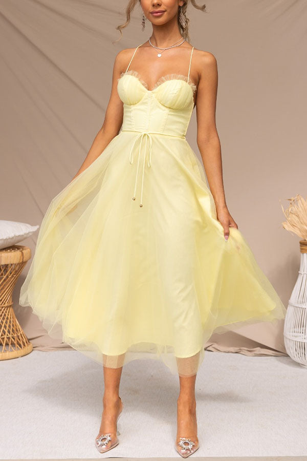 Women's Tulle Midi Dress with Spaghetti Straps