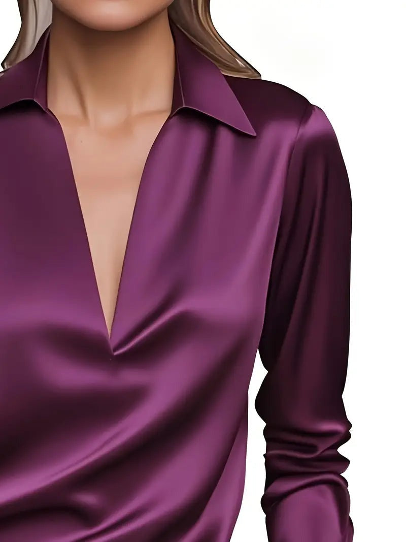 Blusa da donna con scollo a V, finitura satinata e drappeggio fluido
