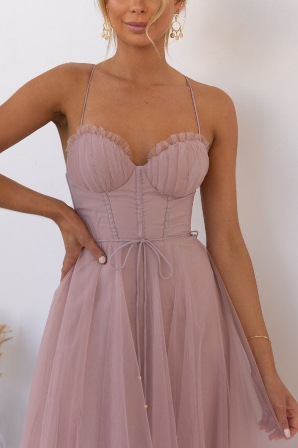 Women's Tulle Midi Dress with Spaghetti Straps