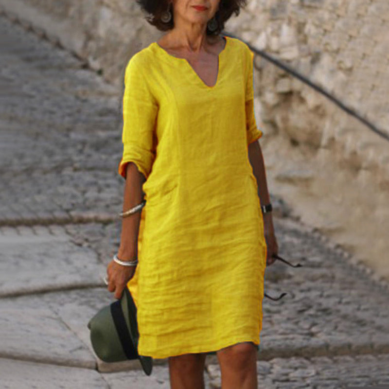 Women's Relaxed Fit Casual V-Neck Linen-Style Midi Dress for Summer - photo 9