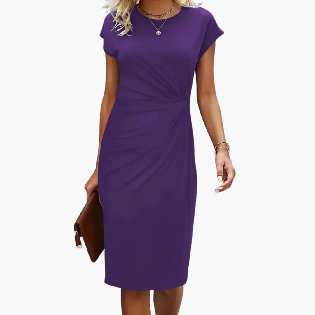 Godiva - Women's Fitted Midi Dress with Ruching and Short Sleeves - photo 8