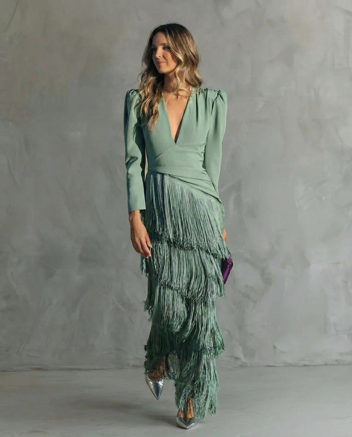 Celina - Women's Flowy V-Neck Midi Dress with Fringe Sleeves - photo 1