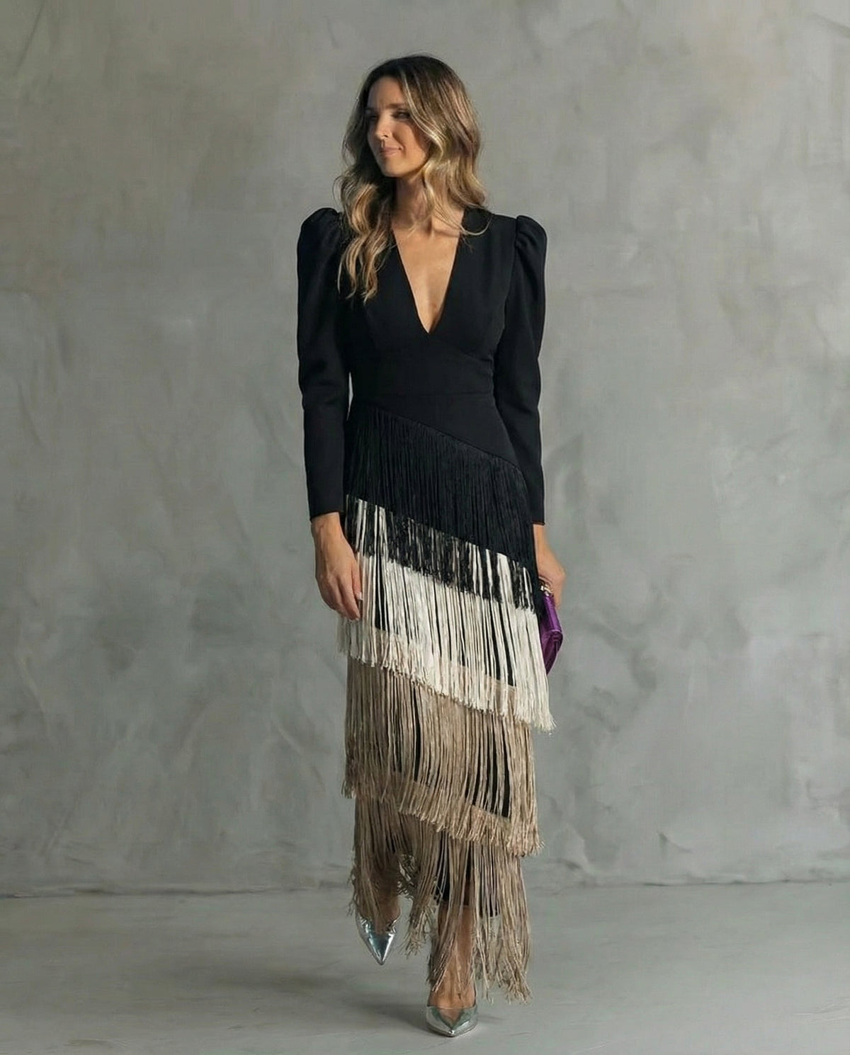 Celina - Women's Flowy V-Neck Midi Dress with Fringe Sleeves - photo 4