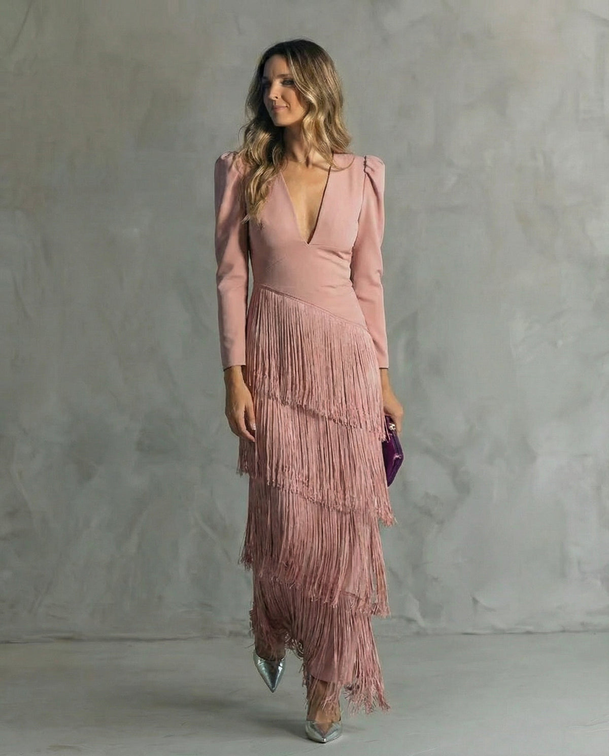 Celina - Women's Flowy V-Neck Midi Dress with Fringe Sleeves - photo 3