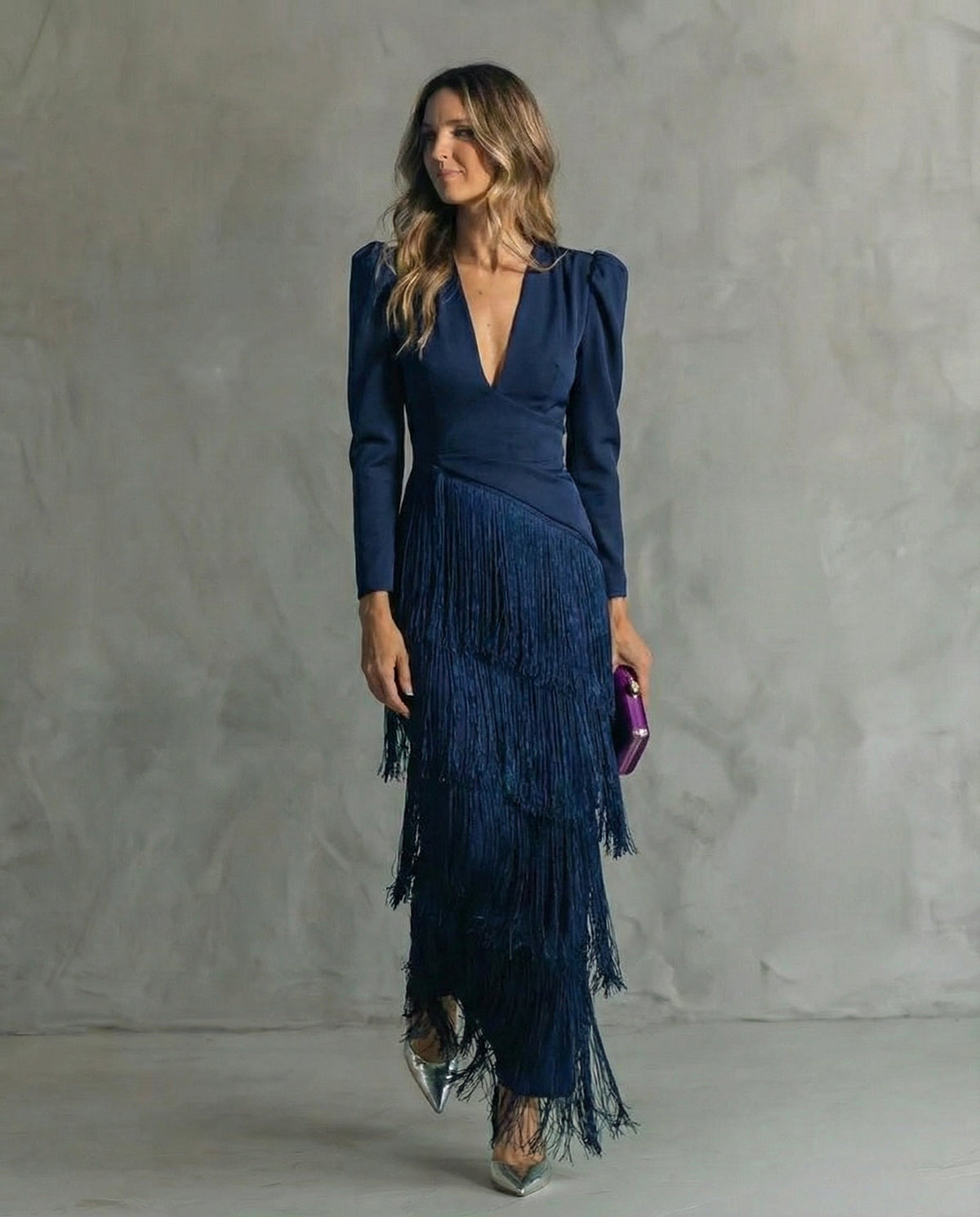 Celina - Women's Flowy V-Neck Midi Dress with Fringe Sleeves - photo 2