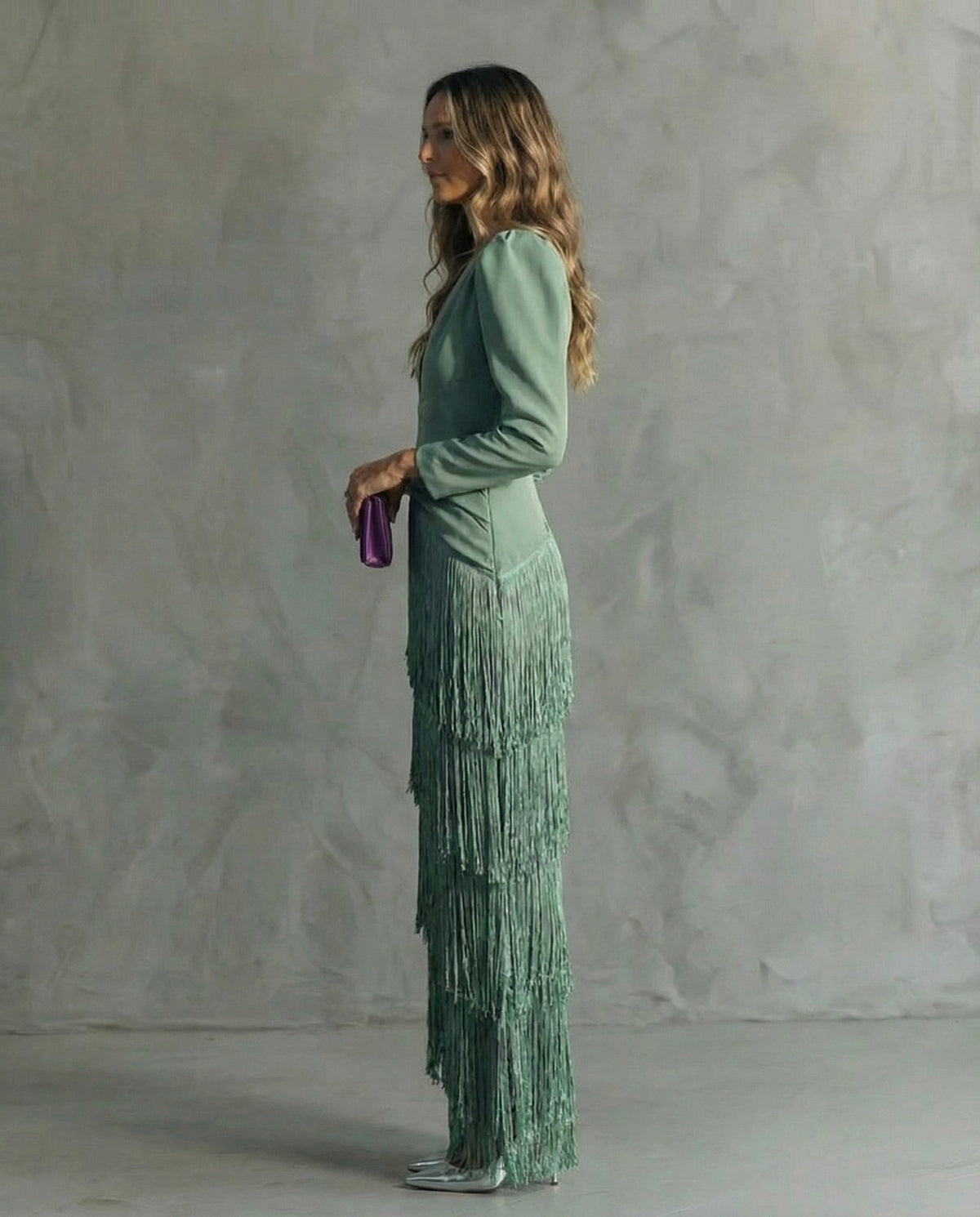 Celina - Women's Flowy V-Neck Midi Dress with Fringe Sleeves - photo 6