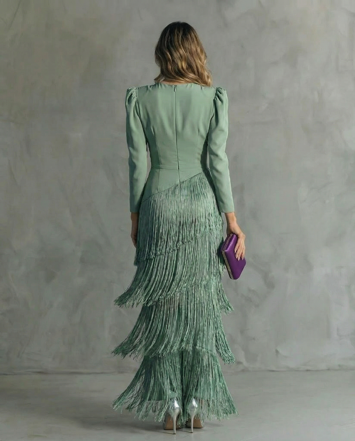Celina - Women's Flowy V-Neck Midi Dress with Fringe Sleeves - photo 7
