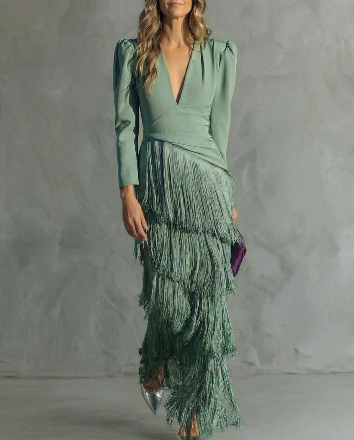Celina - Women's Flowy V-Neck Midi Dress with Fringe Sleeves - photo 5