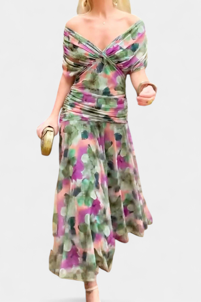 Women's Off-Shoulder Ruched Floral Midi Dress - photo 9