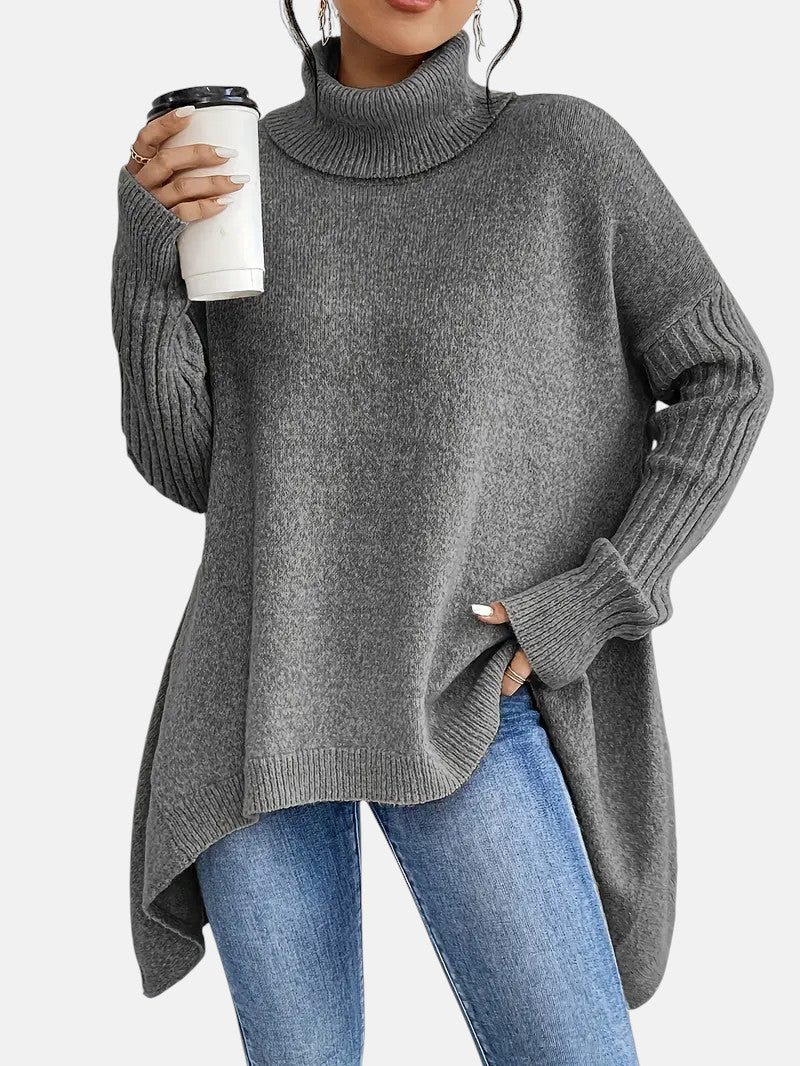 Jenny - Women's Oversized Jumper with Asymmetric Hem and Roll Neck - photo 3