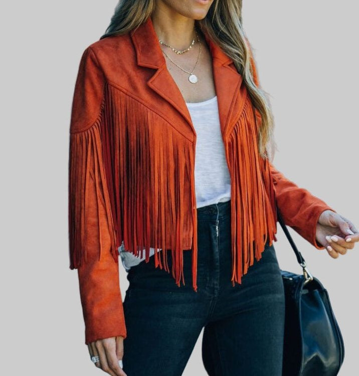 Leena - Women's Cropped Faux Suede Fringe Jacket