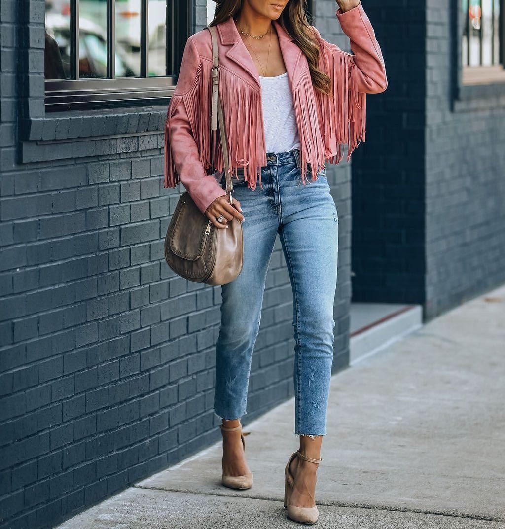 Leena - Women's Cropped Faux Suede Fringe Jacket - Pink