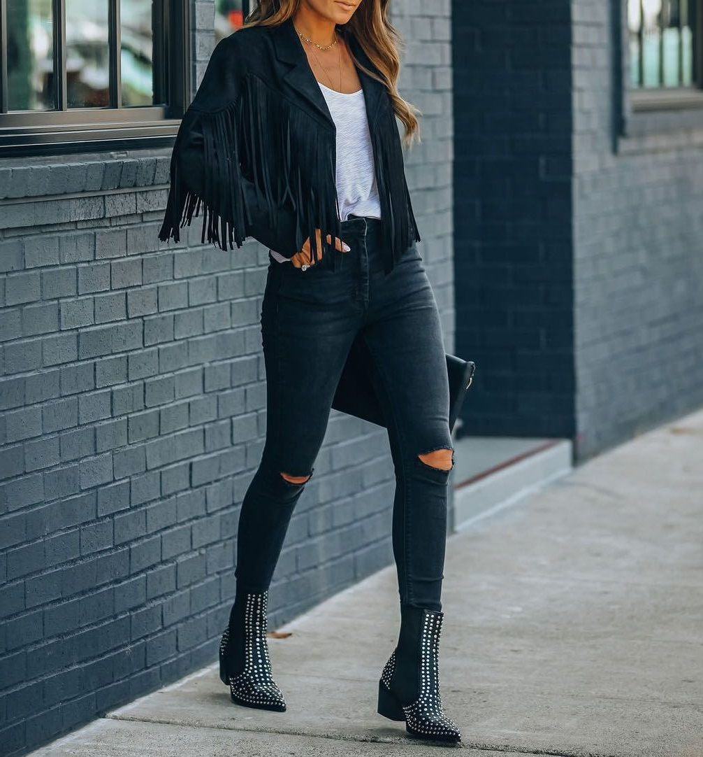 Leena - Women's Cropped Faux Suede Fringe Jacket - Black