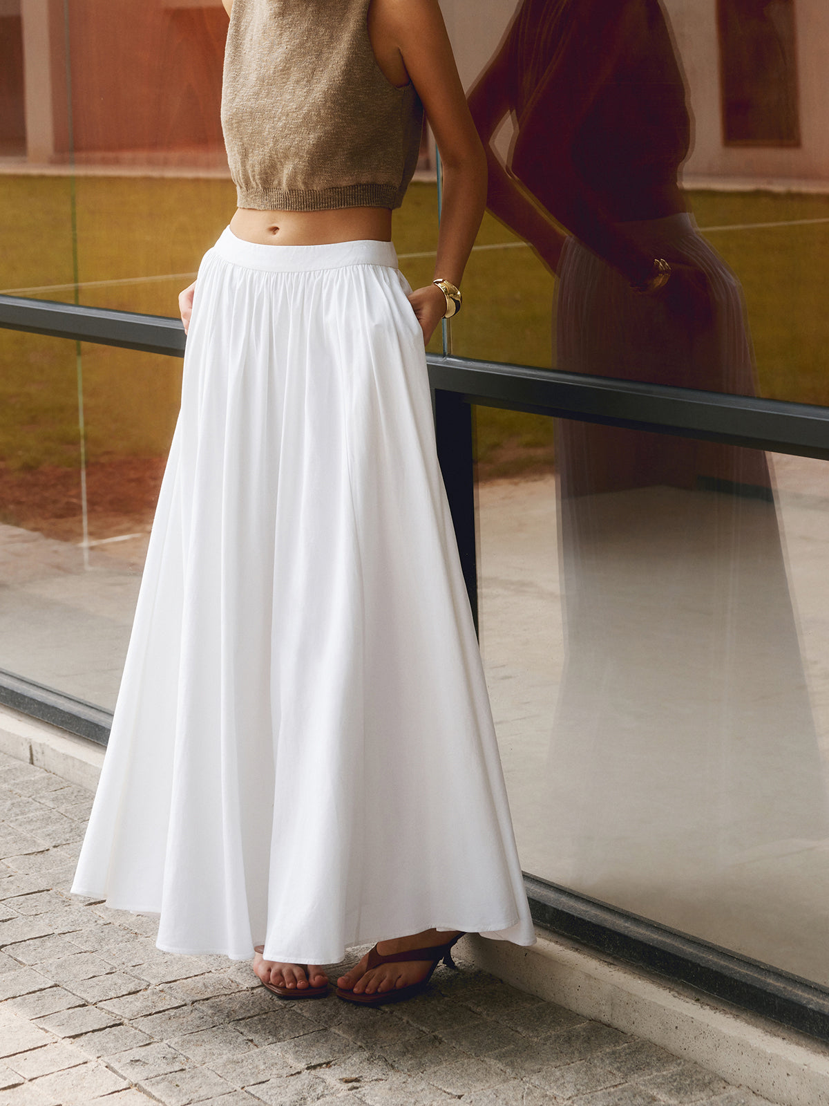 Women's High Waisted Pleated Linen Maxi Skirt with Pockets - photo 2