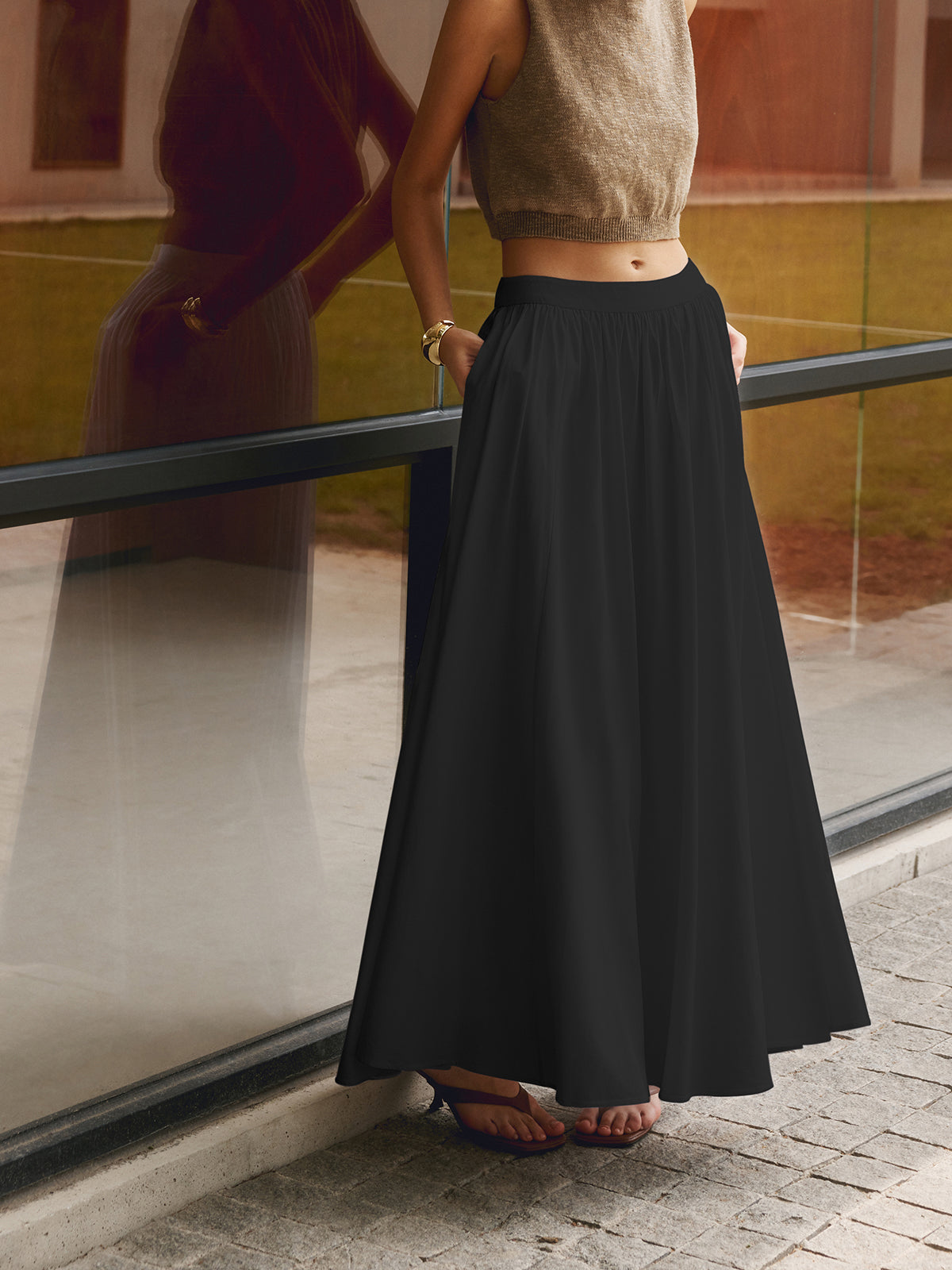 Women's High Waisted Pleated Linen Maxi Skirt with Pockets - photo 8