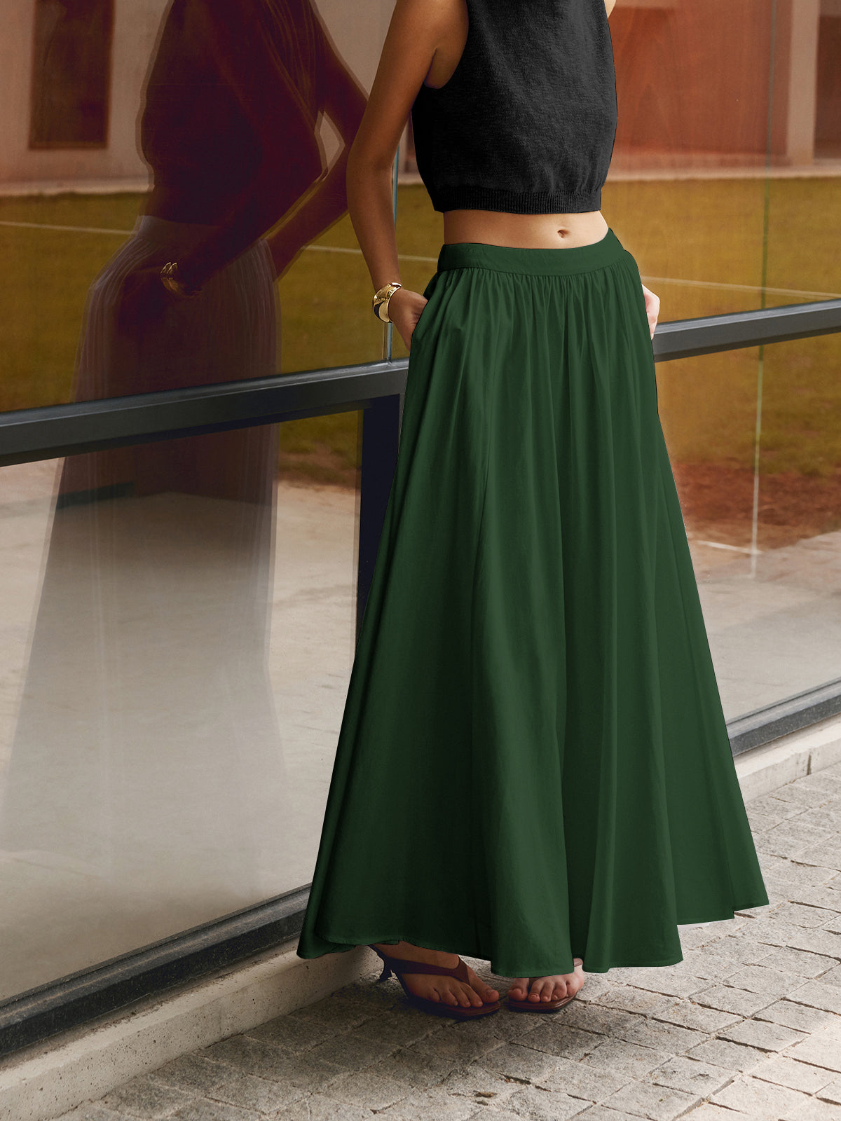 Women's High Waisted Pleated Linen Maxi Skirt with Pockets - photo 9