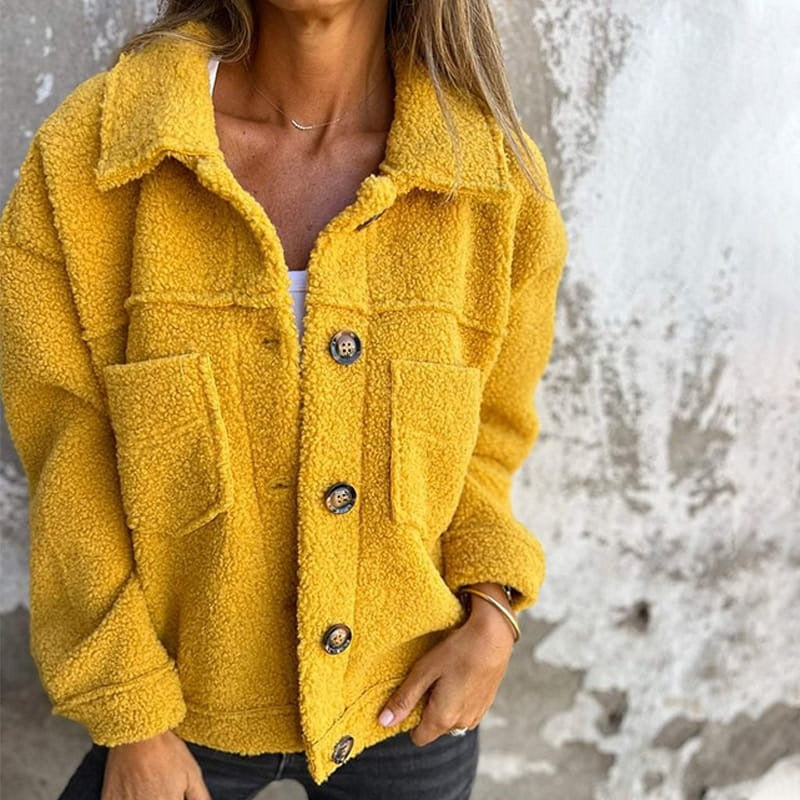 Linnea - Women's Sherpa Shacket with Button Front and Chest Pockets - Yellow