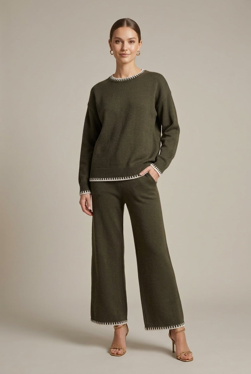 Liora - Women's Knit Lounge Set with Oversized Jumper and Wide-Leg Trousers - Army Green