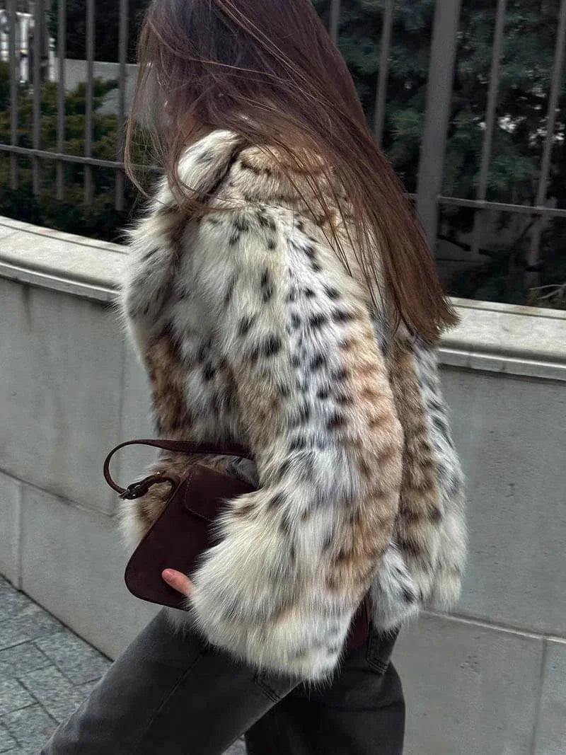 Elba - Women's Faux Fur Coat with Animal Print