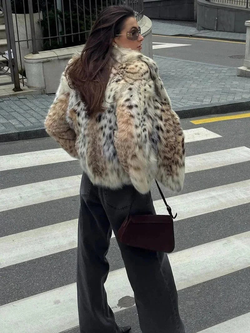 Elba - Women's Faux Fur Coat with Animal Print