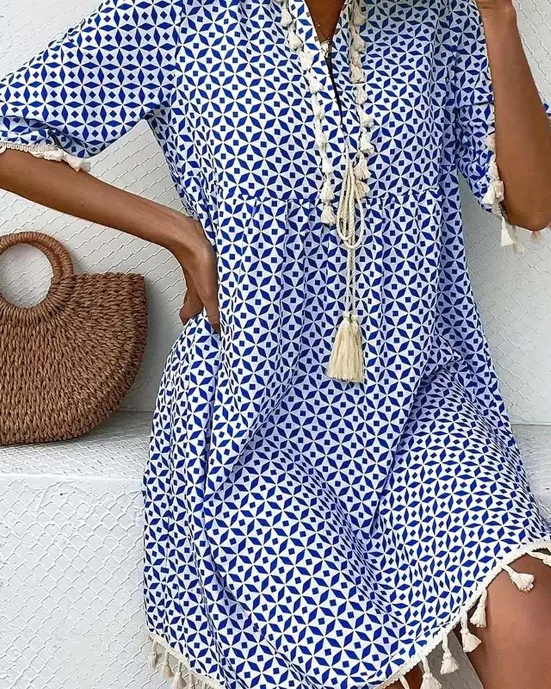 Marisol - Women's Geometric Print Tassel Mini Dress with Short Sleeves