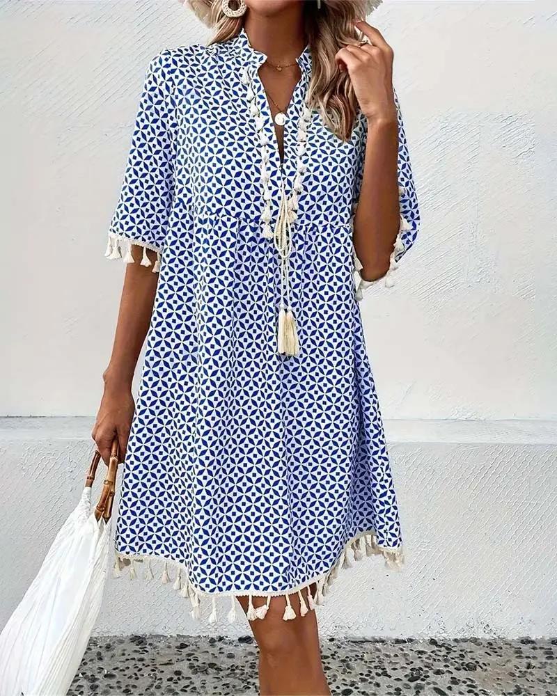 Marisol - Women's Geometric Print Tassel Mini Dress with Short Sleeves