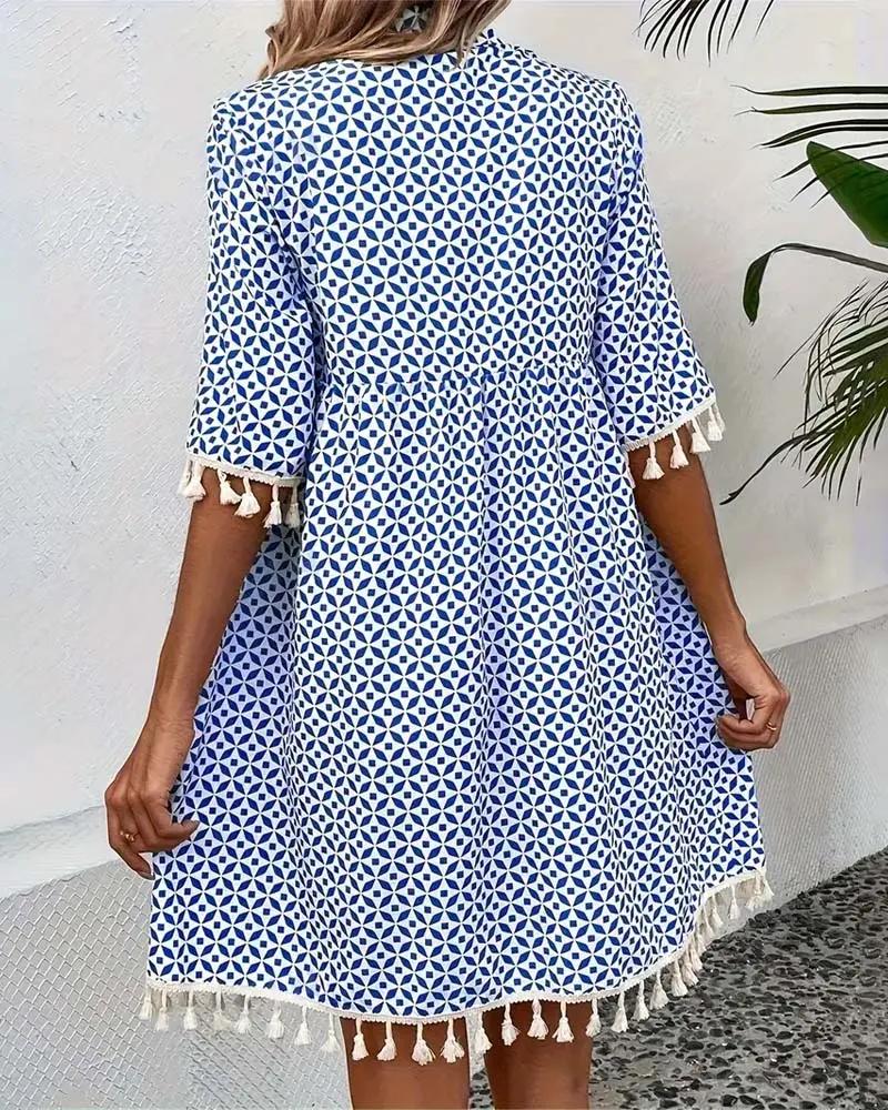 Marisol - Women's Geometric Print Tassel Mini Dress with Short Sleeves