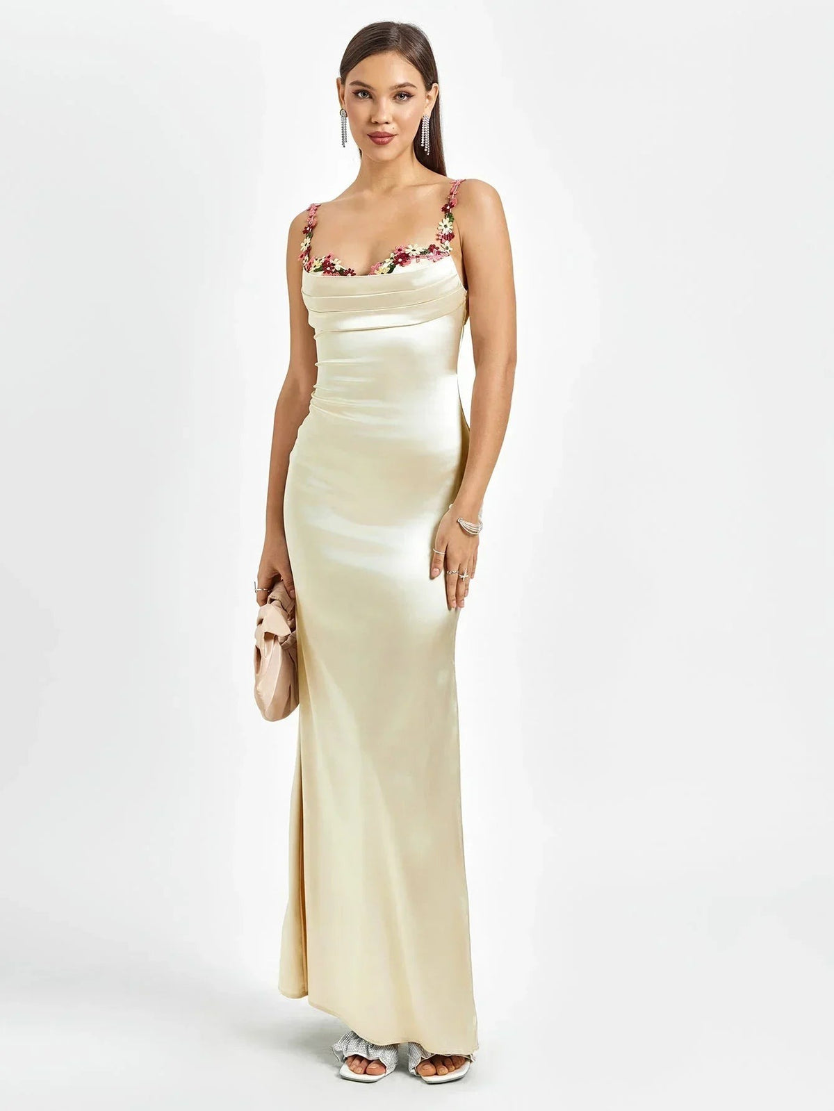 Women's Satin Evening Maxi Dress with Floral Embellishments - photo 1