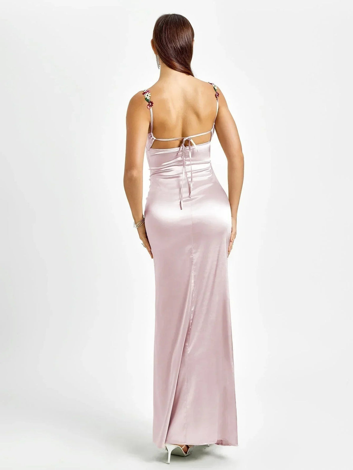 Women's Satin Evening Maxi Dress with Floral Embellishments - photo 14