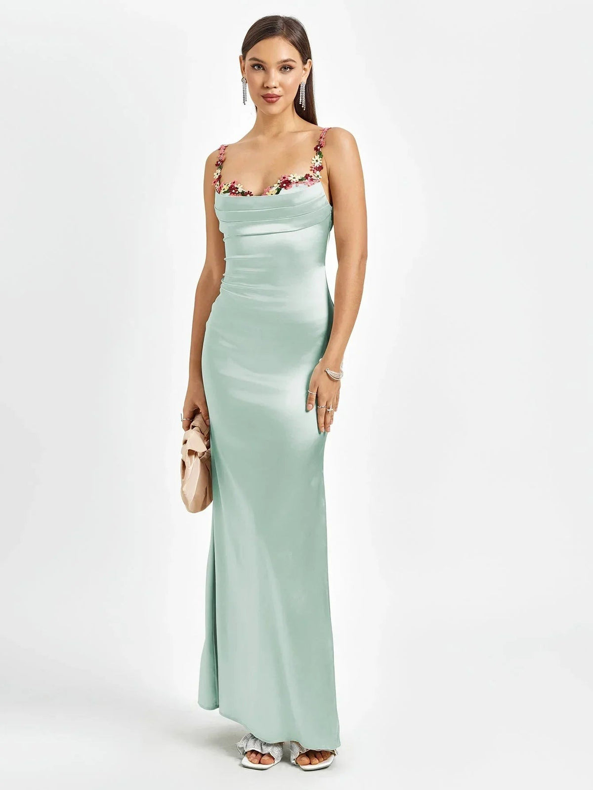 Women's Satin Evening Maxi Dress with Floral Embellishments - photo 7