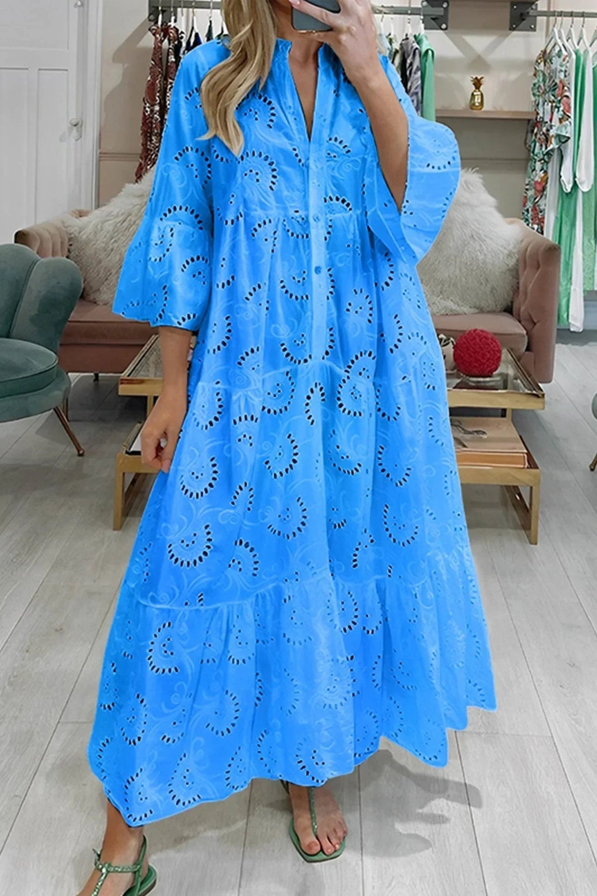 Emmy - Women's Openwork Summer Maxi Dress with V Neck and 3/4 Sleeves - photo 6