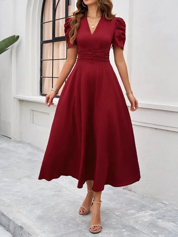 Phoebe - Women's midi dress with V-neck and puff sleeves - photo 1